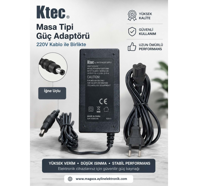 Ktec 12 Volt 3.33 Amper Plastik Kasa Masaüstü Adaptör (5.5 x 3.0 İğne Uçlu)