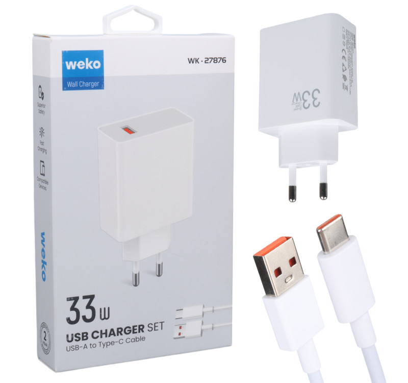 Weko WK-27876 M11 Beyaz 33 Watt Turbo Usb Şarj Başlık Adaptörü + Type-C Kablo