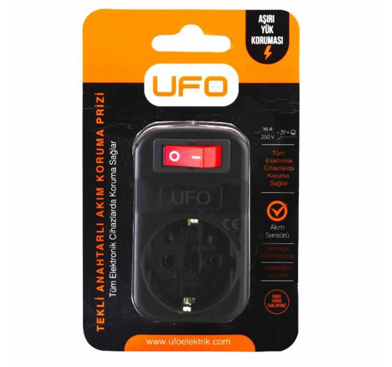 UFO Tekli Akım Korumalı Anahtarlı Priz 16A 250V, Max 3500W Aşırı Yük Koruması (Siyah)