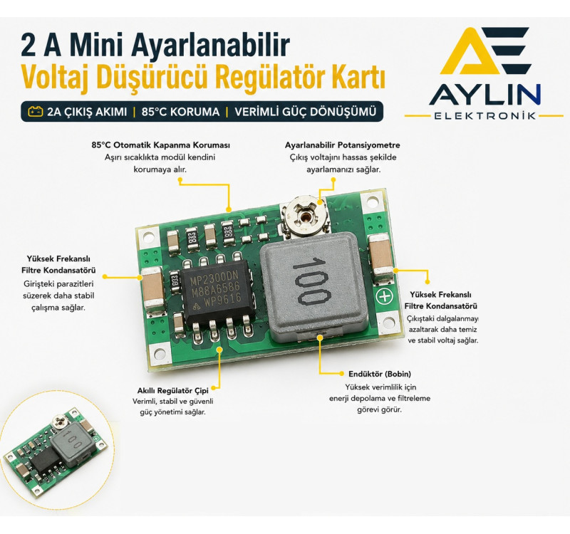 2 Amper Mini Ayarlanabilir Voltaj Düşürücü Regülatör Kartı