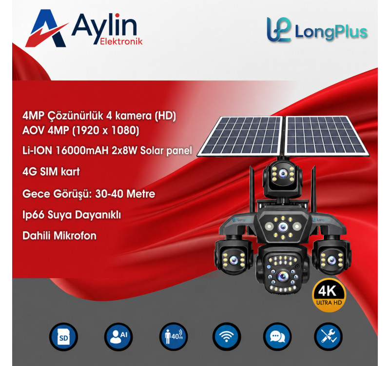 LongPlus LP-S403 4 Kameralı 4G Normal Sim ve eSIM Çift Panelli Solar Kamera Özellikleri