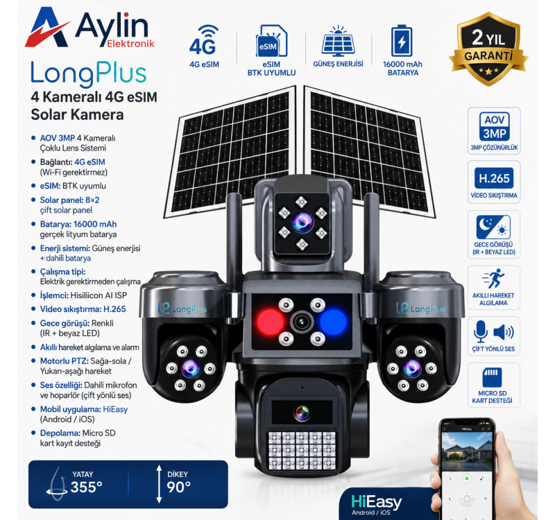 LongPlus 4 Kameralı 4G Normal Sim ve eSIM Çift Panelli Solar Kamera LongPlus 4 Kameralı 4G Normal Sim ve eSIM Çift Panelli Solar Kamera