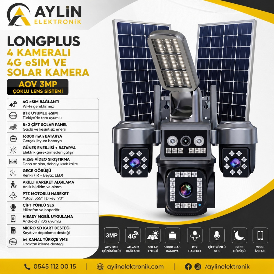 LongPlus LPS-105 4 Kameralı 4G Normal Sim ve eSIM Özellikli Çift Solar Panelli Kamera LongPlus LPS-105 4 Kameralı 4G Normal Sim ve eSIM Özellikli Çift Solar Panelli Kamera
