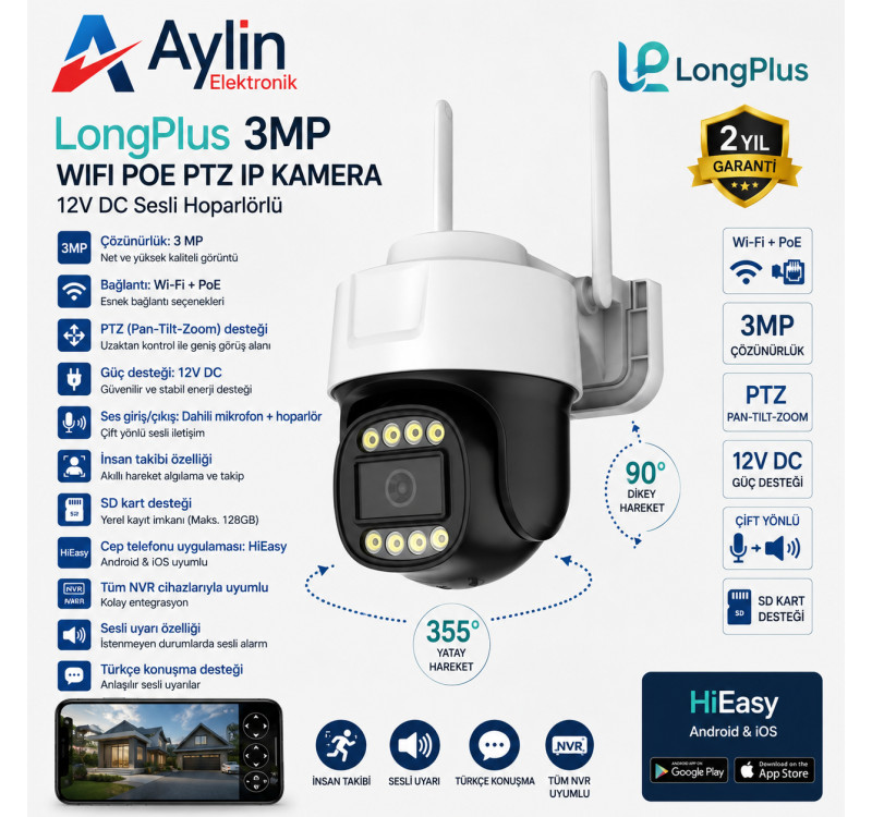 LongPlus LP-WF142 3MP Wifi Poe Ptz Ip Kamera 12V DC Dahili Ses Çift Yönlü Konuşma