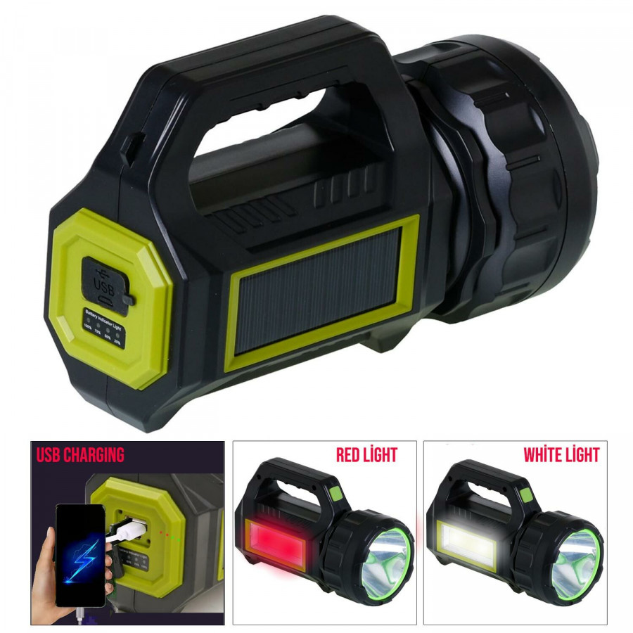 SOLAR ŞARJLI EL FENERİ PROJEKTÖR 10W BEYAZ KIRMIZI+COB LED