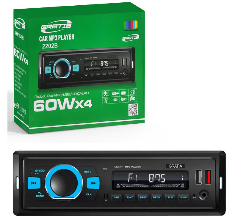 GRATIA GR-2202B Oto Teyp 4X60 Watt Bluetooth 2xUsb Sd Fm Aux