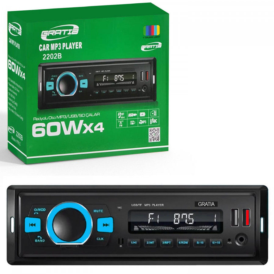 GRATIA GR-2202B Oto Teyp 4X60 Watt Bluetooth 2xUsb Sd Fm Aux